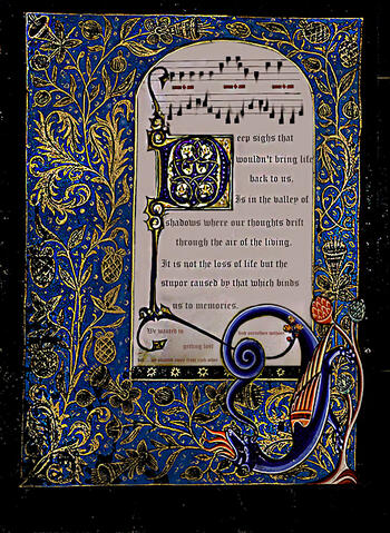 Requiem: Blue & Dark hours Deep sighs that wouldn´t bring life back to us. Is in the valley of shadows where our thoughts drift through the air of the living It is not the loss of life but the stupor caused by that which binds us to memories. We wanted to find ourselves without gett